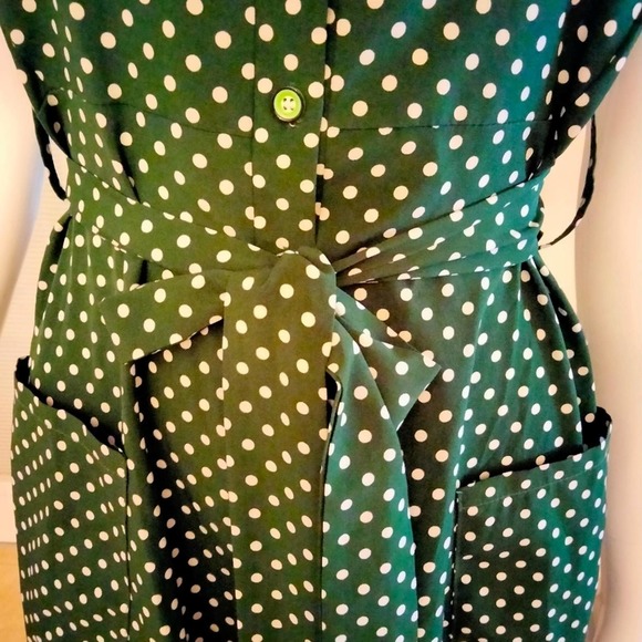 Dark green white polka dot belted dress size 7 - Picture 4 of 5